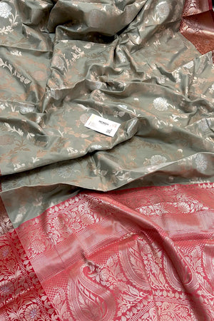 Beige and Red Zari Banarasi Silk Saree