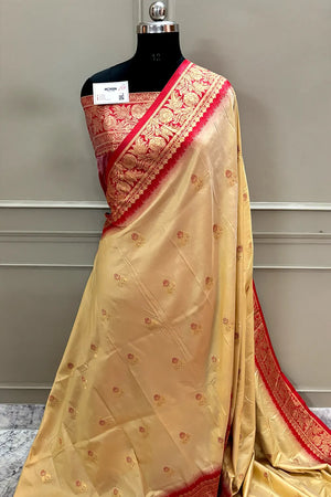 Beige and Red Zari Banarasi Silk Saree
