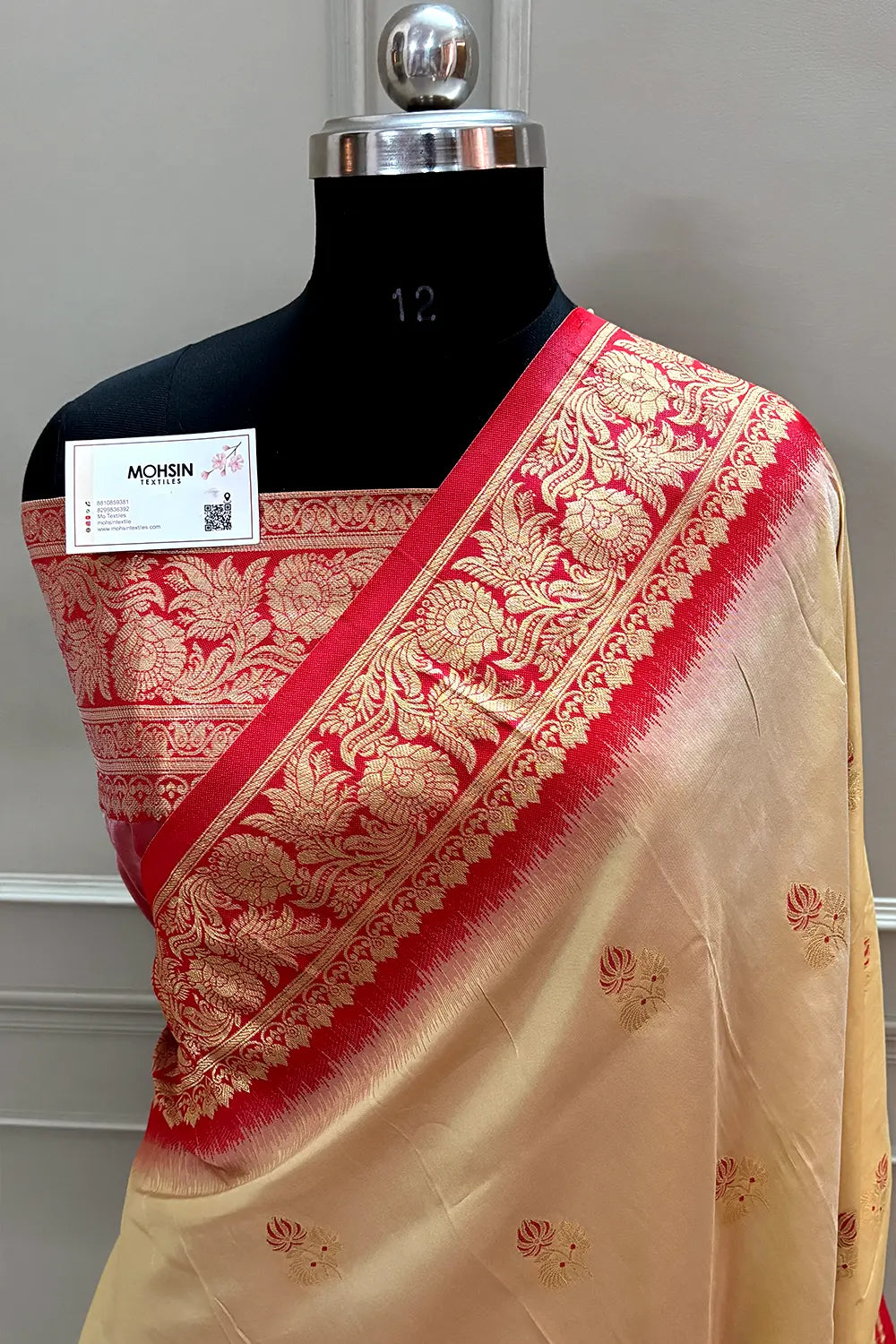Beige and Red Zari Banarasi Silk Saree