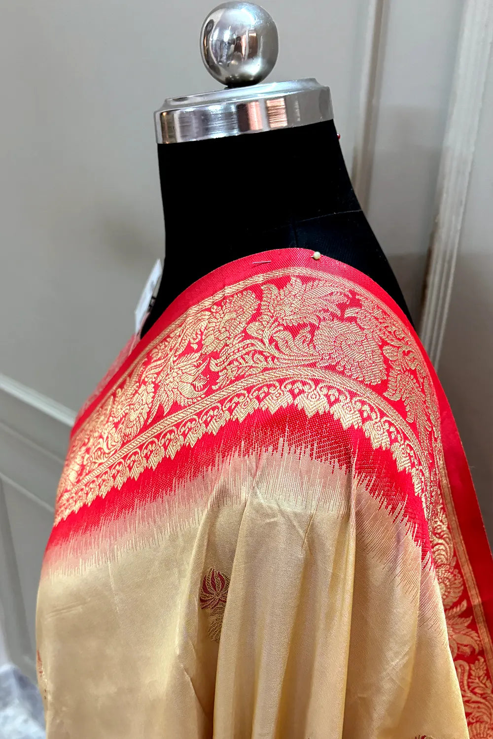 Beige and Red Zari Banarasi Silk Saree