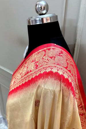 Beige and Red Zari Banarasi Silk Saree
