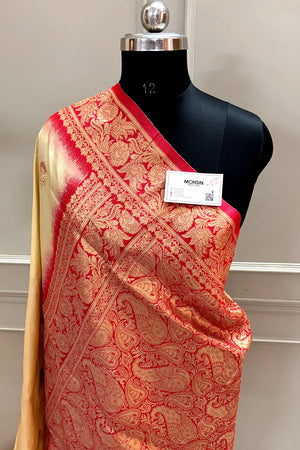Beige and Red Zari Banarasi Silk Saree