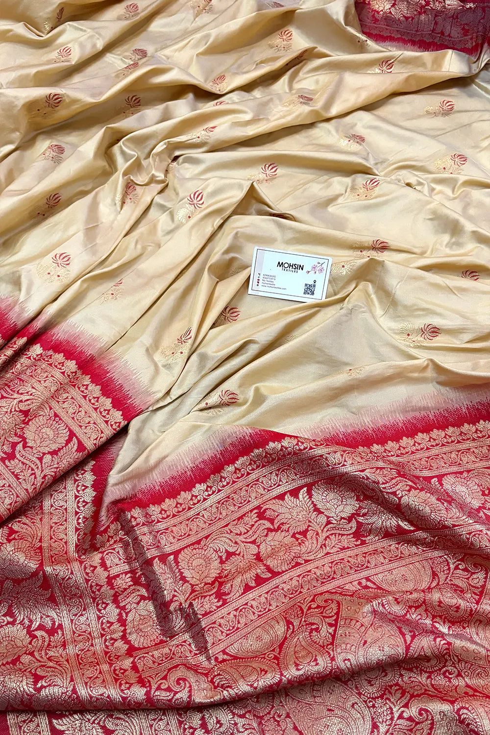 Beige and Red Zari Banarasi Silk Saree