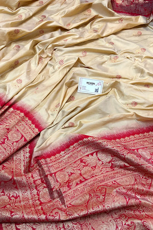 Beige and Red Zari Banarasi Silk Saree