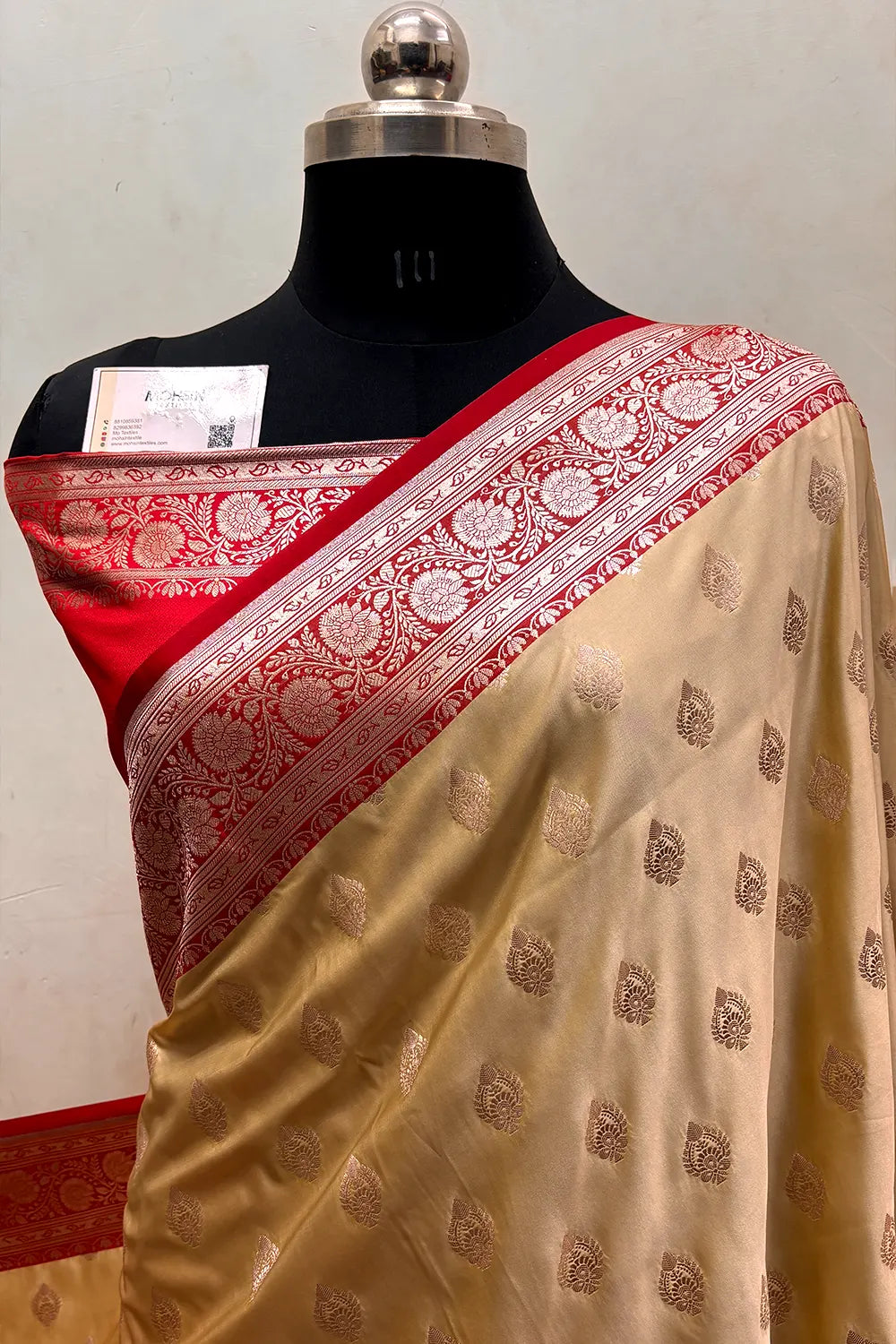 Beige and Red Zari Katan Silk Banarasi Saree