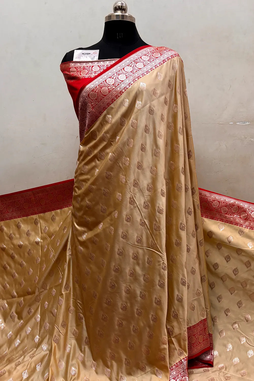 Beige and Red Zari Katan Silk Banarasi Saree