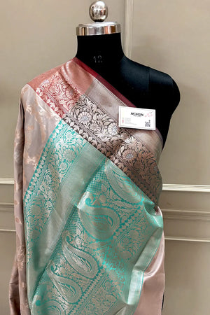 Beige and Sea Green Zari Banarasi Silk Saree