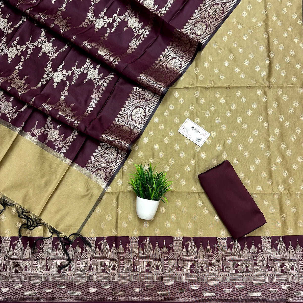 Beige and Wine Ghat Buti Semi Katan Silk Banarasi Suit