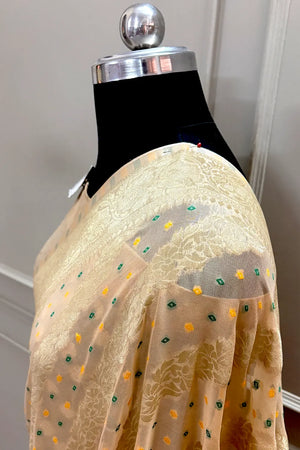 Beige Bandhej Georgette Silk Banarasi Saree