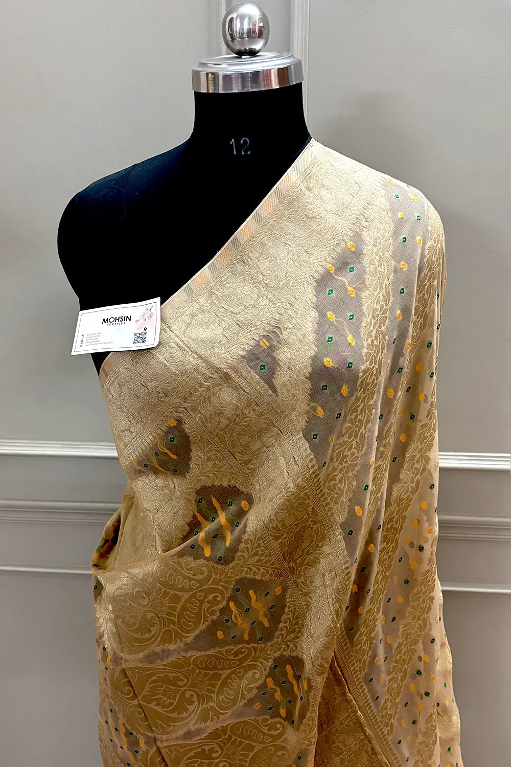 Beige Bandhej Georgette Silk Banarasi Saree