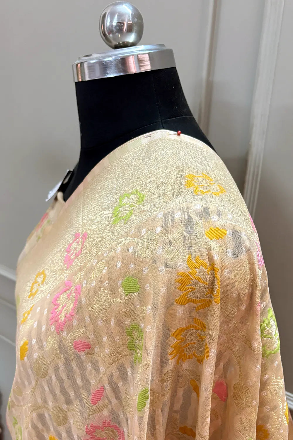 Beige Bandhej Meena Georgette Silk Banarasi Saree