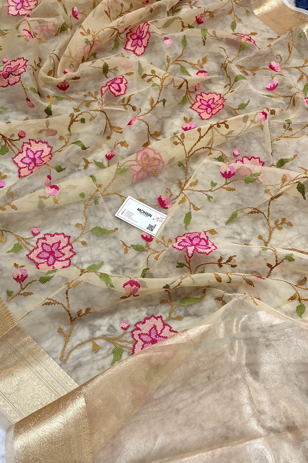 Beige Embroidery Net Banarasi Saree