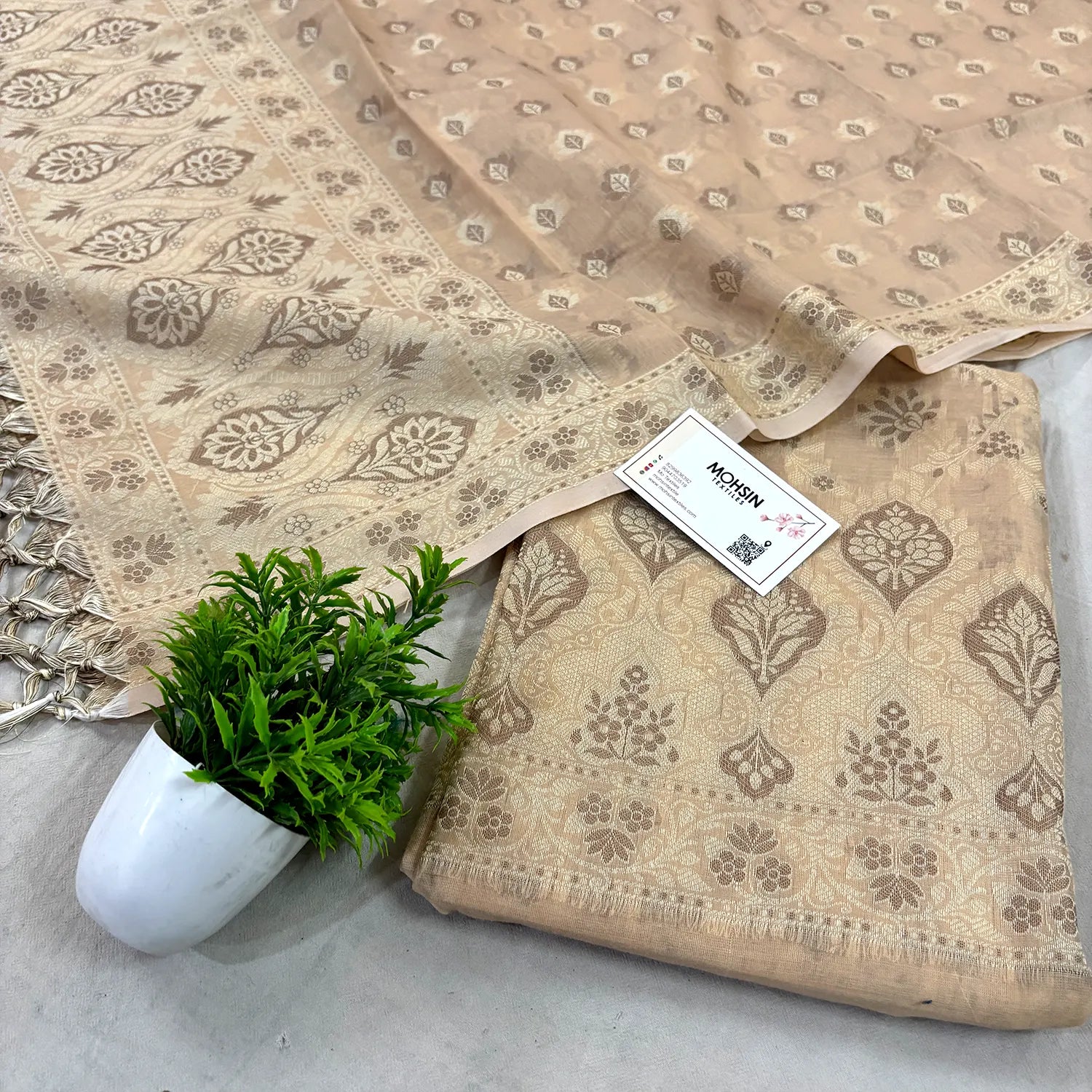 Beige Mogambo Jaal Cotton Silk Banarasi Suit