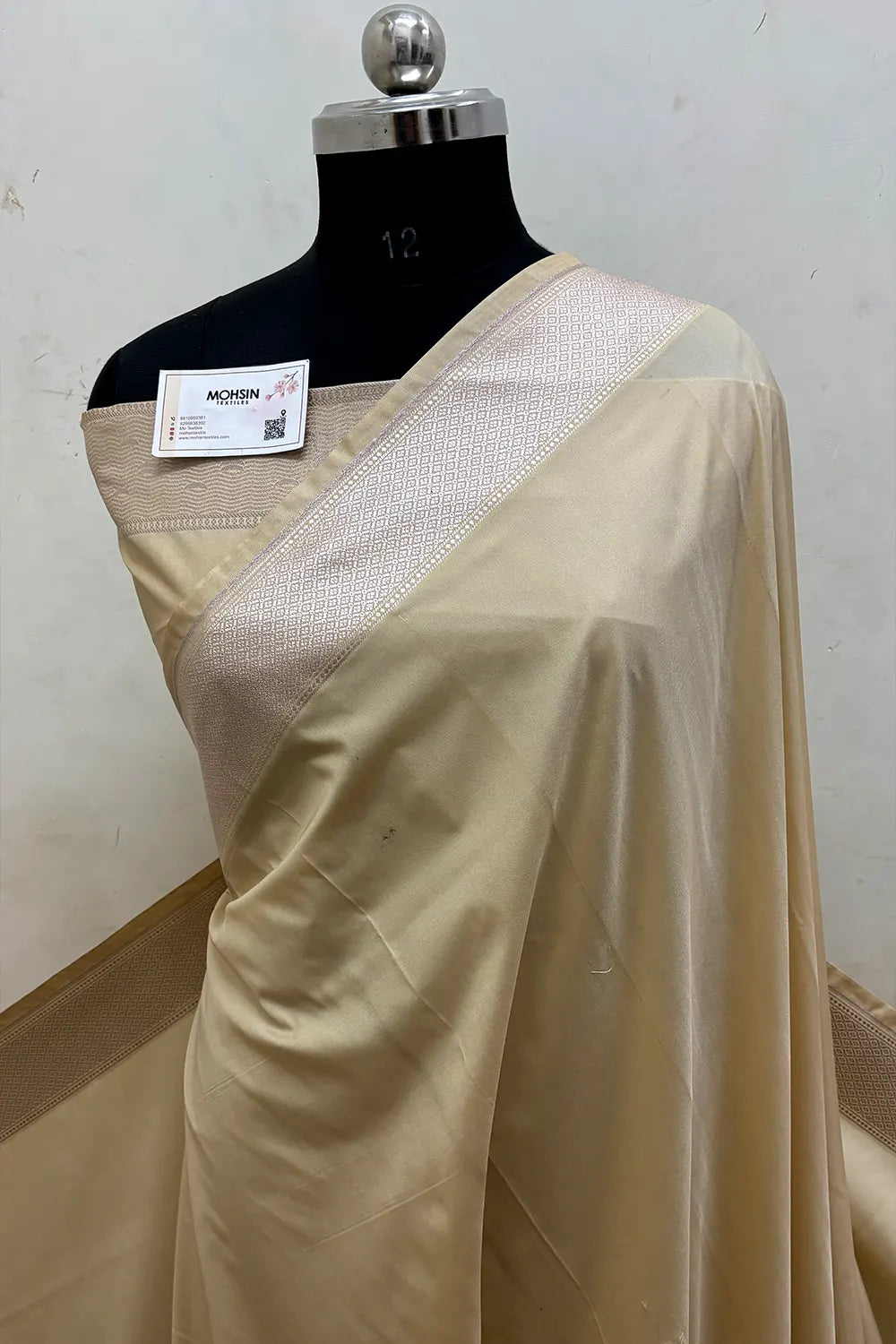 Beige Plain Ghat Katan Silk Banarasi Saree