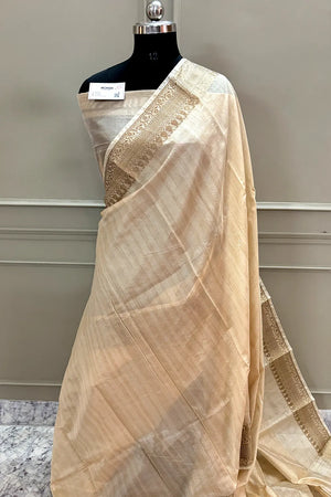 Beige Plain Zari Border Tussar Silk Banarasi Saree