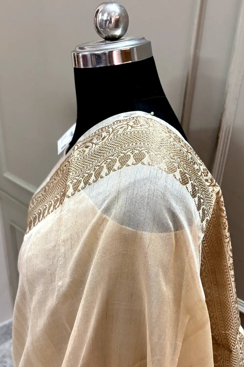 Beige Plain Zari Border Tussar Silk Banarasi Saree