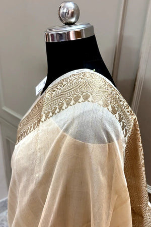Beige Plain Zari Border Tussar Silk Banarasi Saree