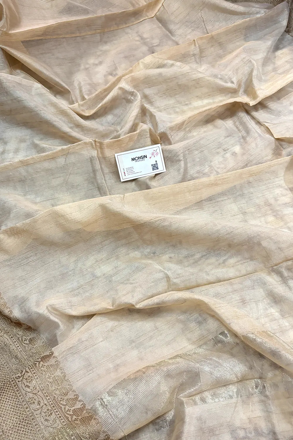 Beige Plain Zari Border Tussar Silk Banarasi Saree