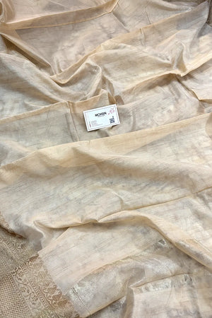 Beige Plain Zari Border Tussar Silk Banarasi Saree
