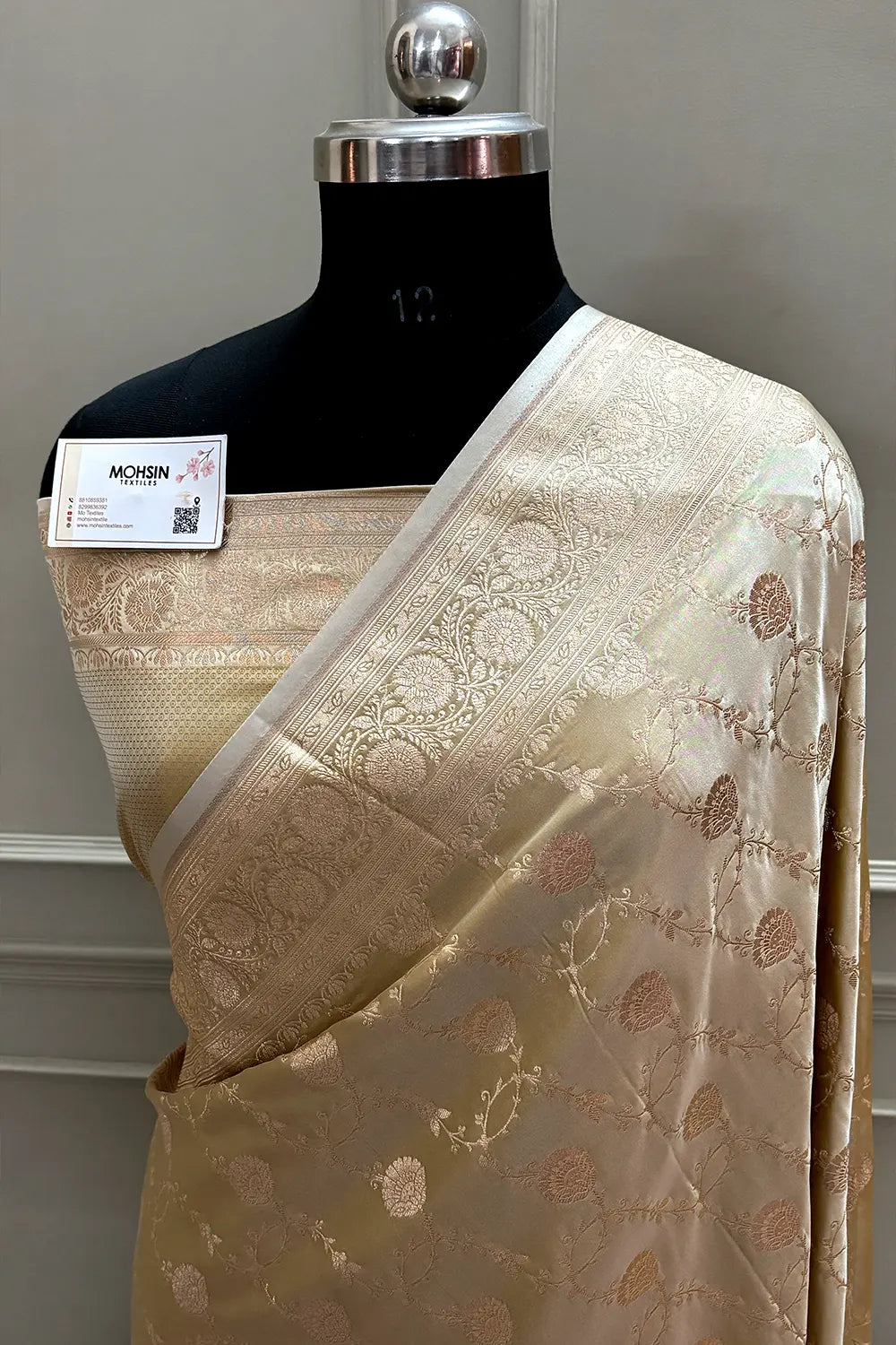 Beige Ropeway Jaal Katan Mashru Silk Banarasi Saree
