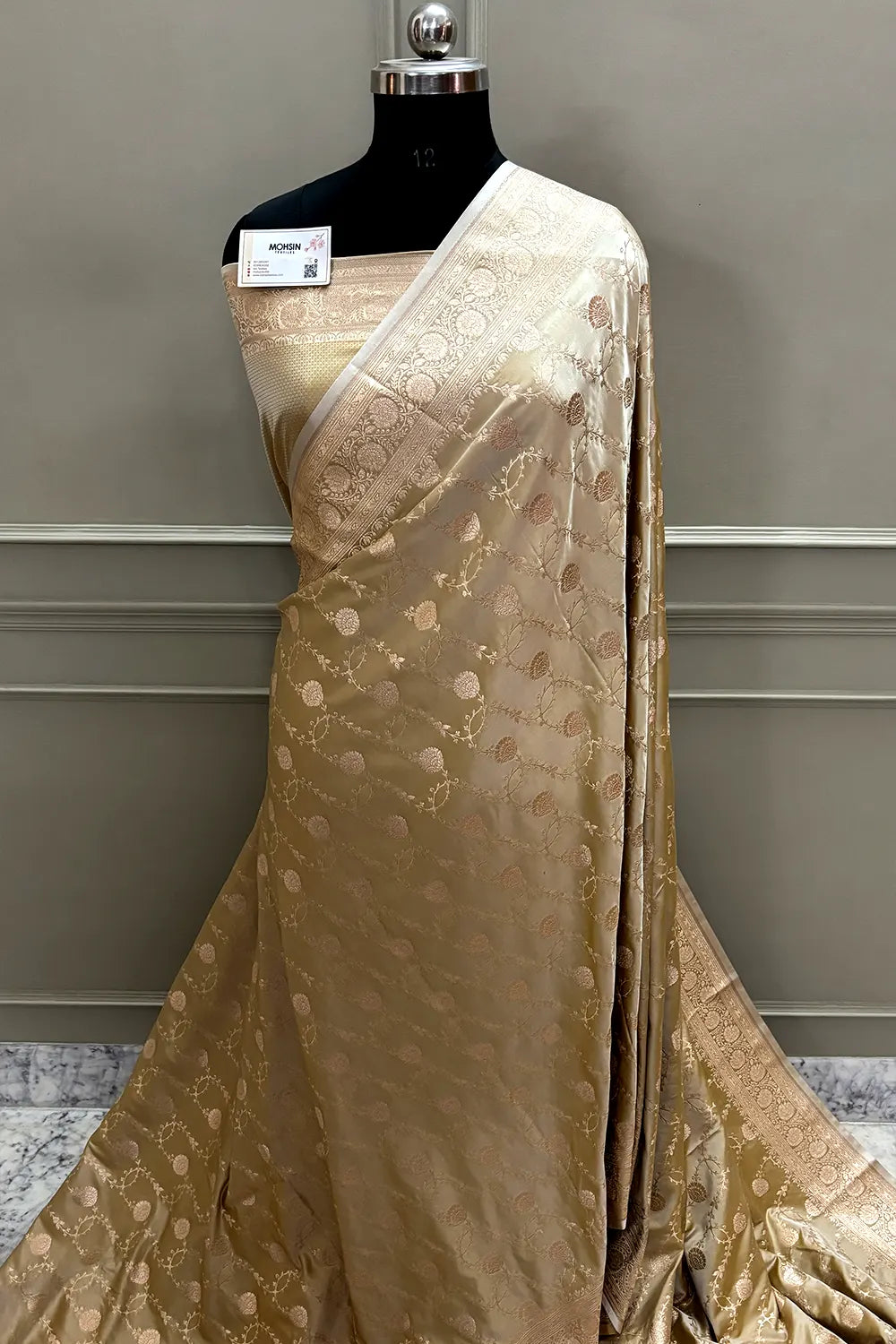 Beige Ropeway Jaal Katan Mashru Silk Banarasi Saree