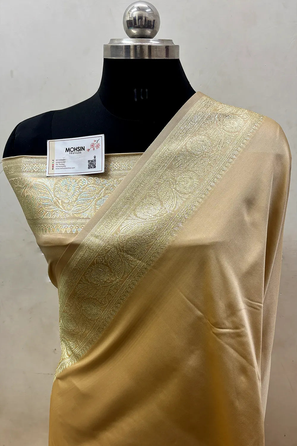 Beige Royal Plain Katan Satin Silk Banarasi Saree