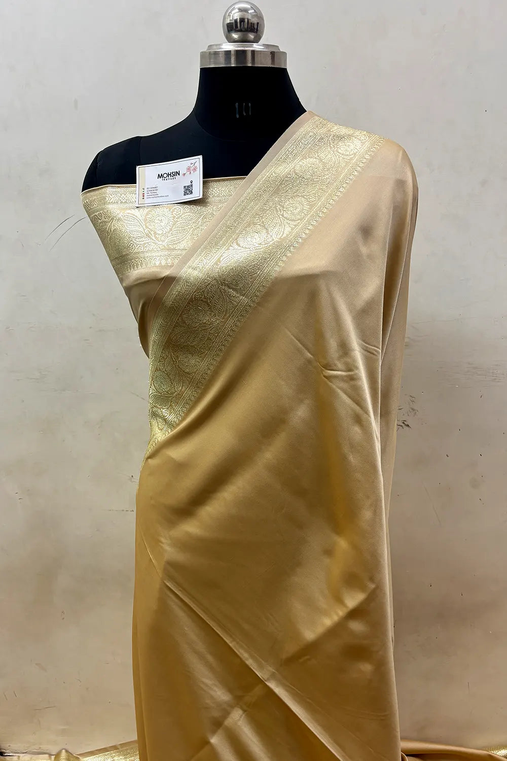 Beige Royal Plain Katan Satin Silk Banarasi Saree