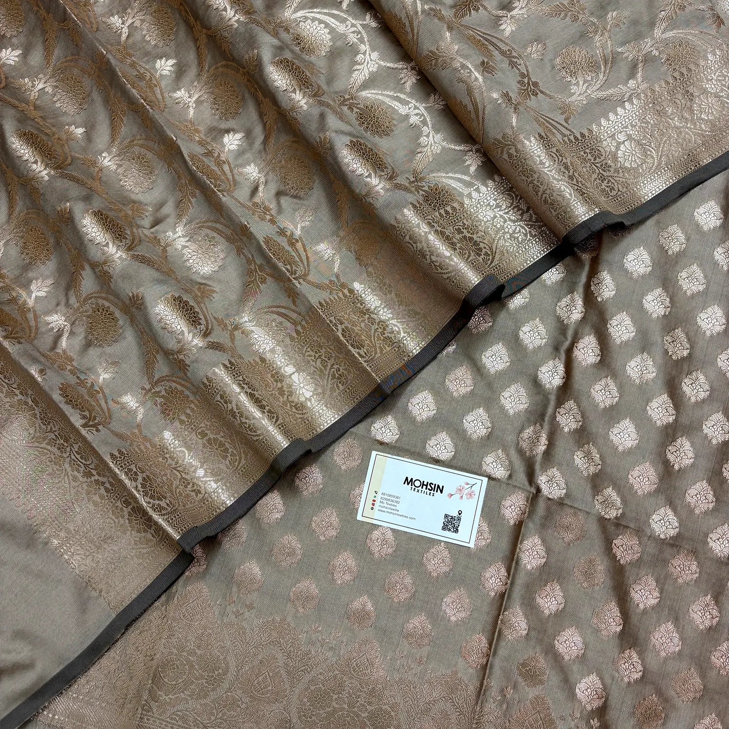 Beige Singhasan Buti Semi Katan Silk Banarasi Suit