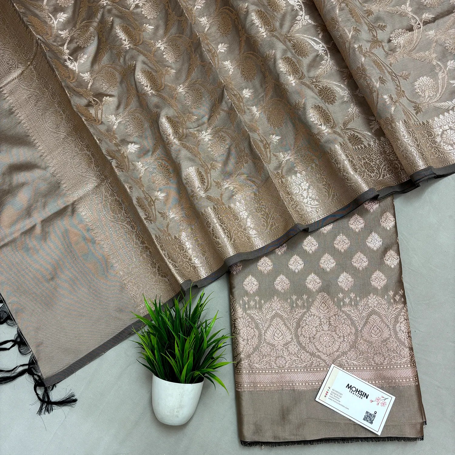 Beige Singhasan Buti Semi Katan Silk Banarasi Suit