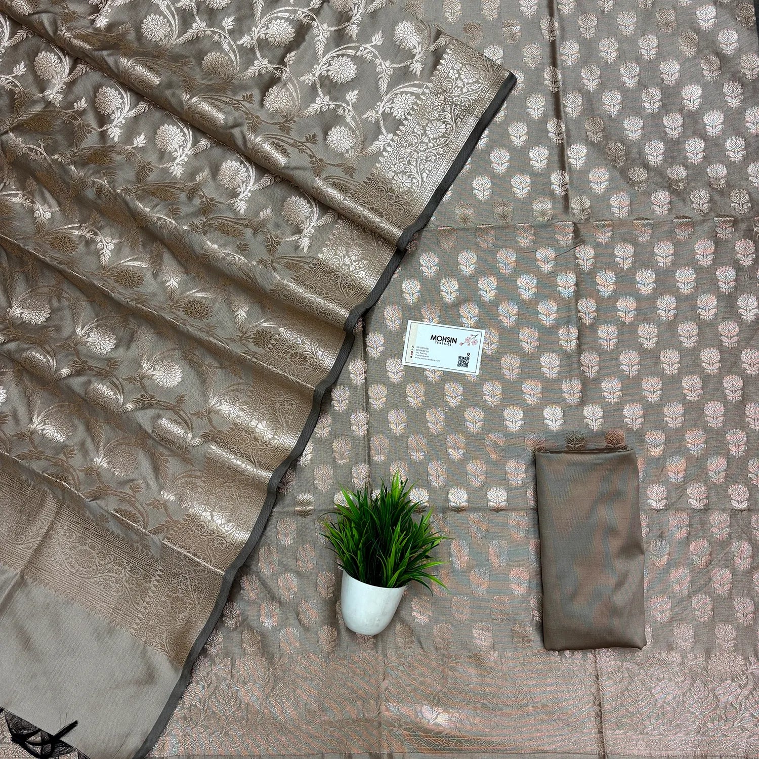 Beige Sunflower Semi Katan Silk Banarasi Suit