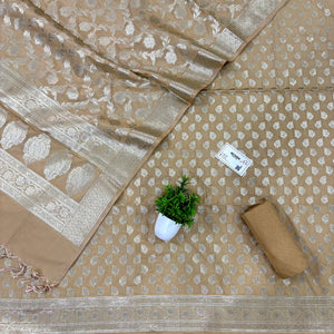 Beige Tedhi Patti Katan Silk Banarasi Suit