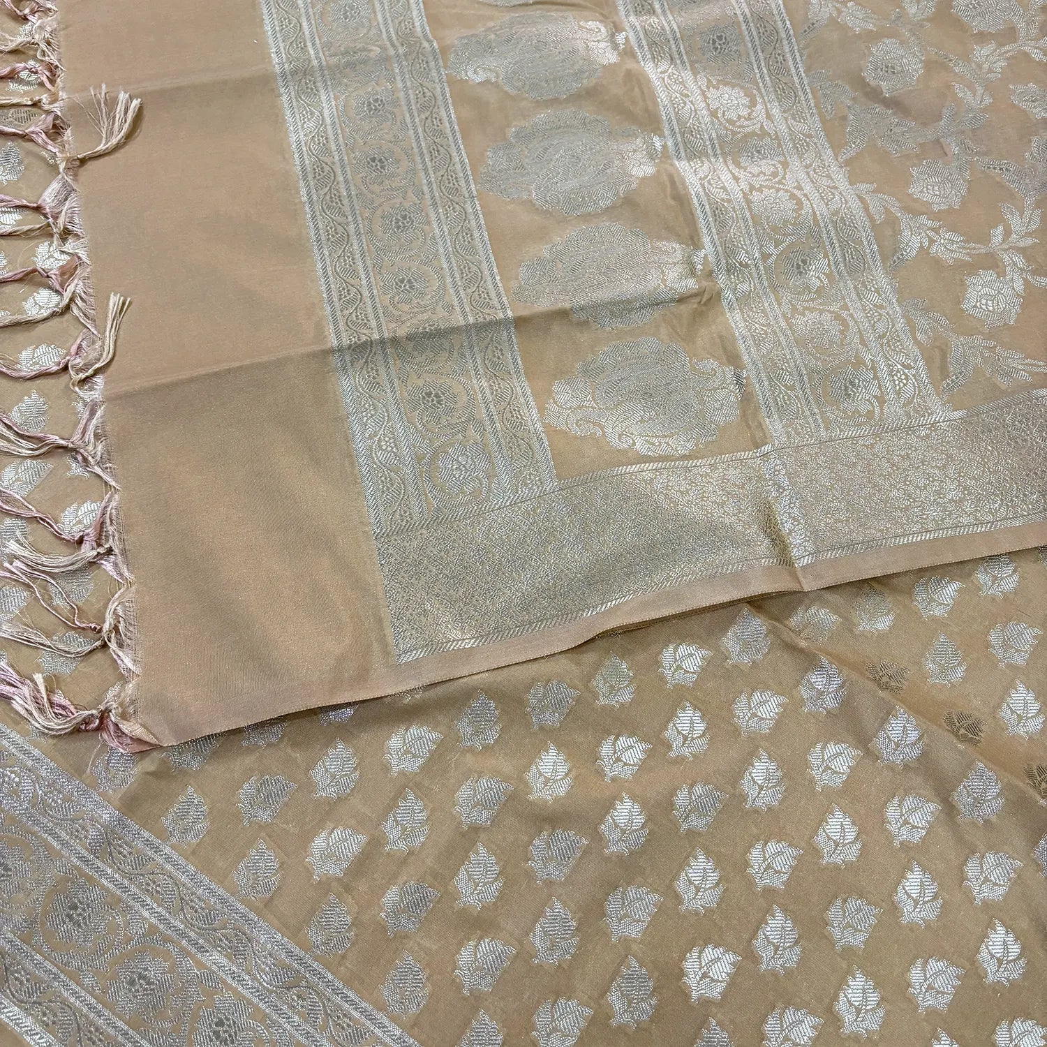 Beige Tedhi Patti Katan Silk Banarasi Suit