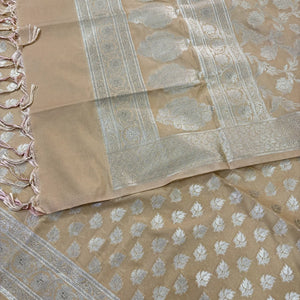 Beige Tedhi Patti Katan Silk Banarasi Suit
