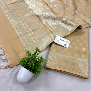 Beige Tedhi Patti Katan Silk Banarasi Suit
