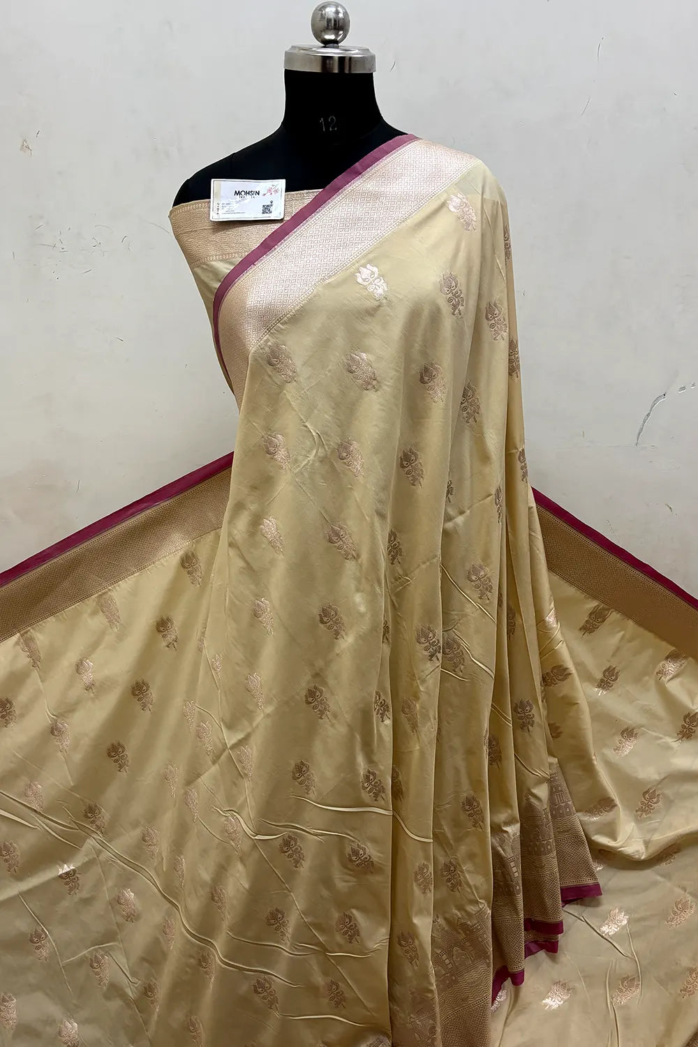 Beige Trishul Ghat Katan Silk Banarasi Saree