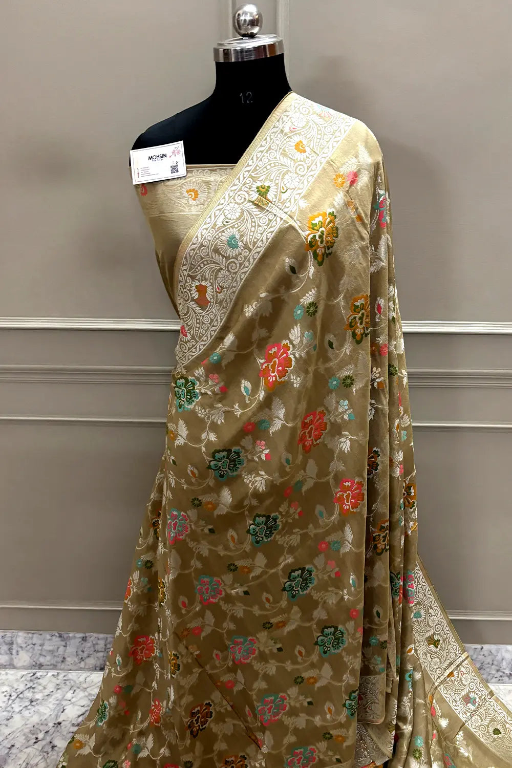 Beige Zari Tussar Georgette Silk Banarasi Saree