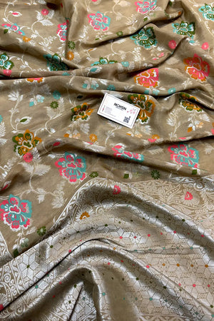 Beige Zari Tussar Georgette Silk Banarasi Saree