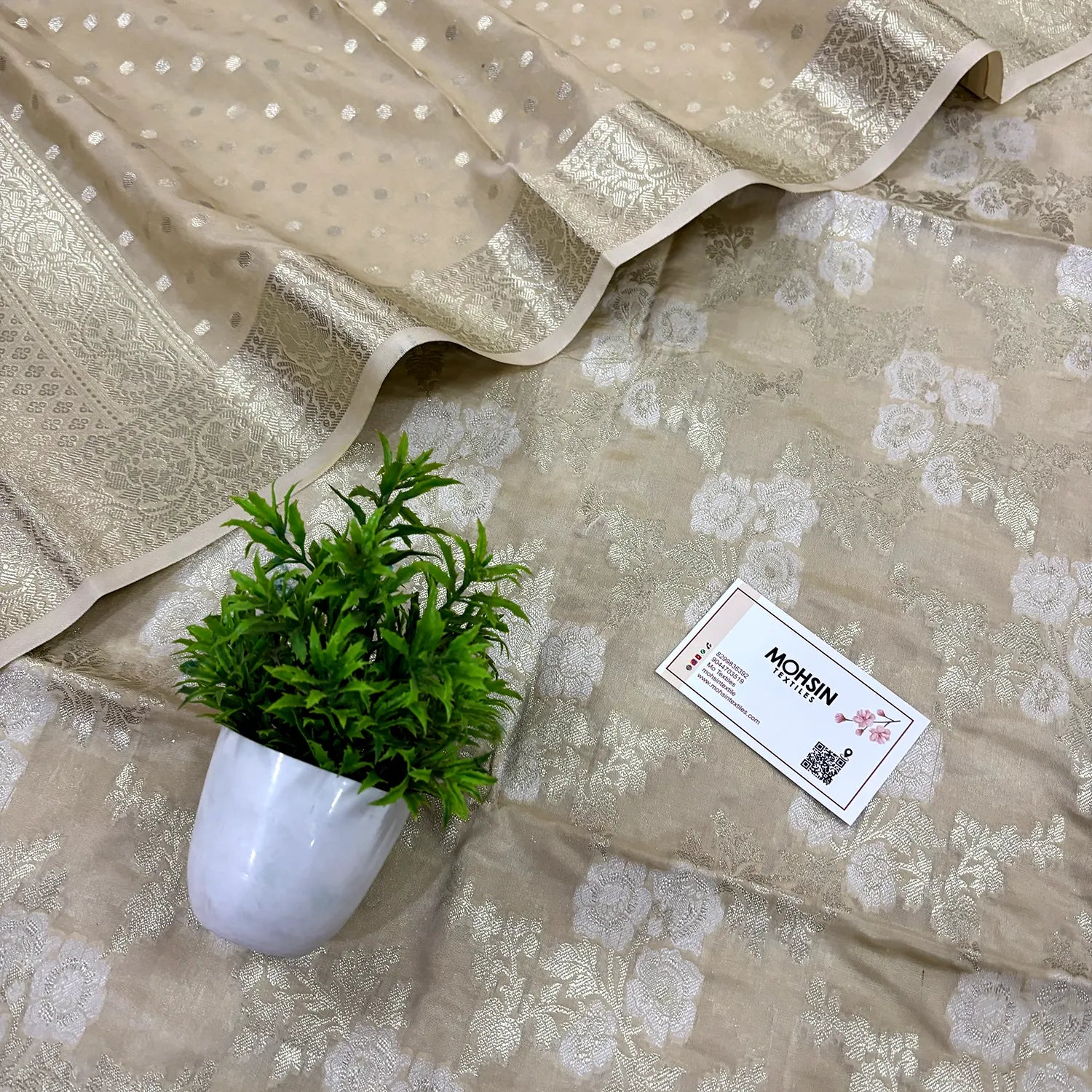 Beige Zari Katan Silk Banarasi Suit