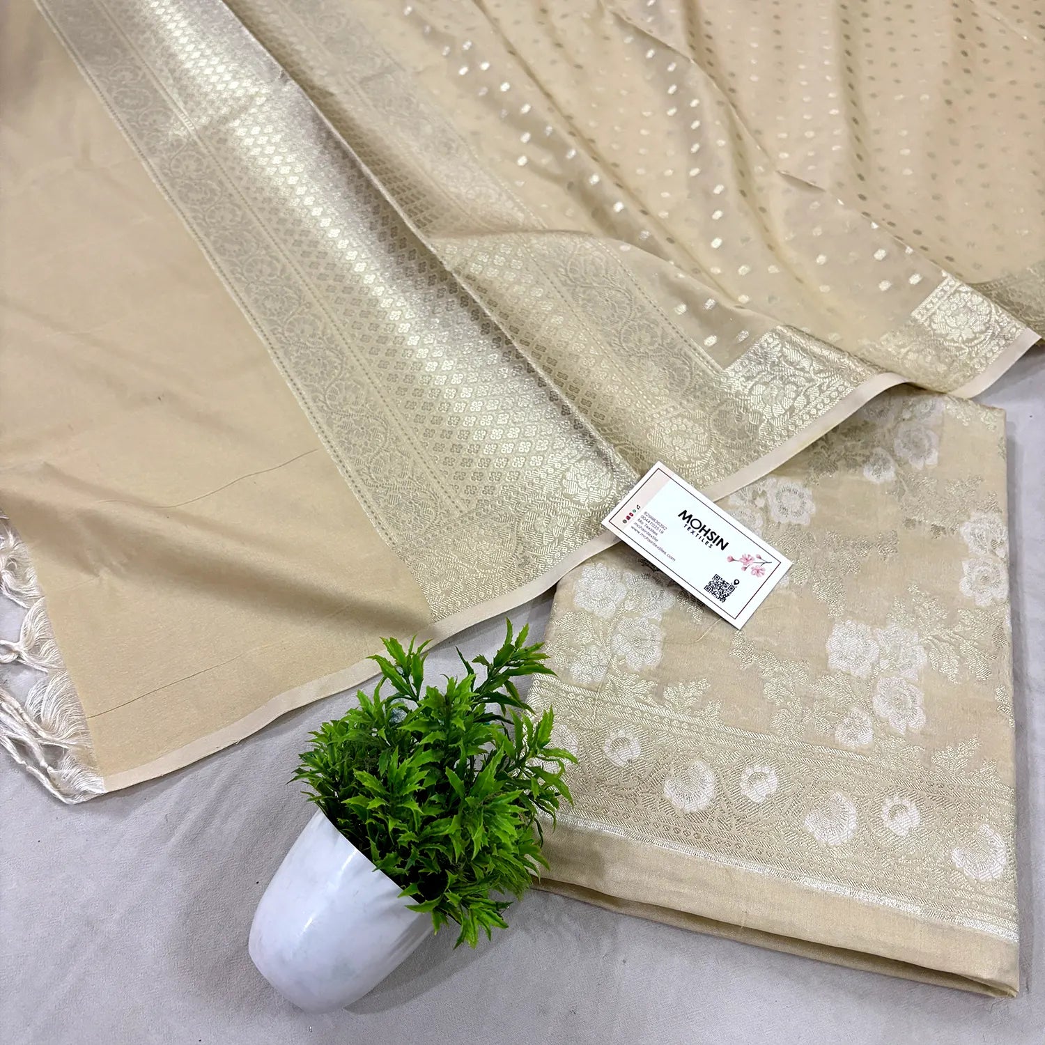 Beige Zari Katan Silk Banarasi Suit