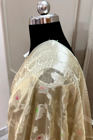 Beige Zari Tissue Silk Banarasi Saree