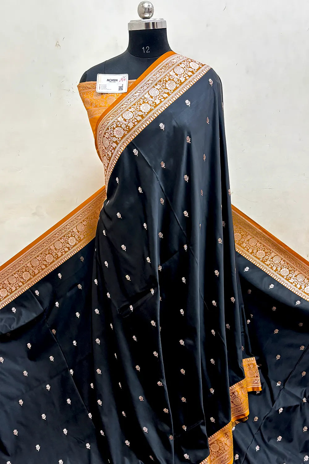 Black and Mustard Lily Buti Katan Mashru Silk Banarasi Saree