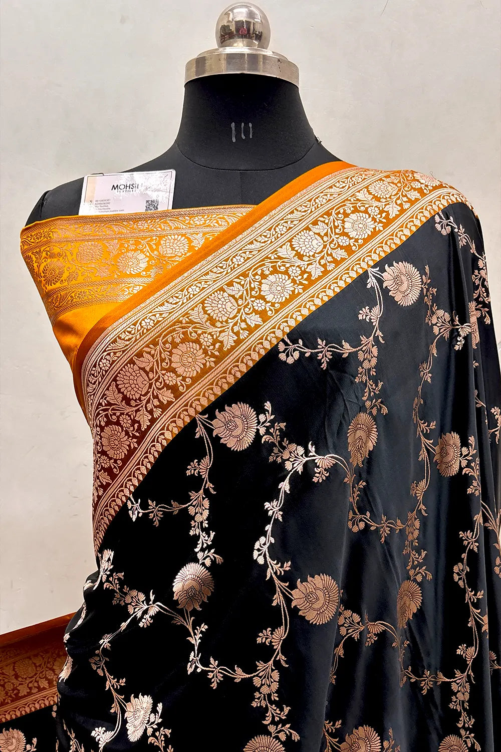 Black and Mustard Zari Katan Silk Banarasi Saree