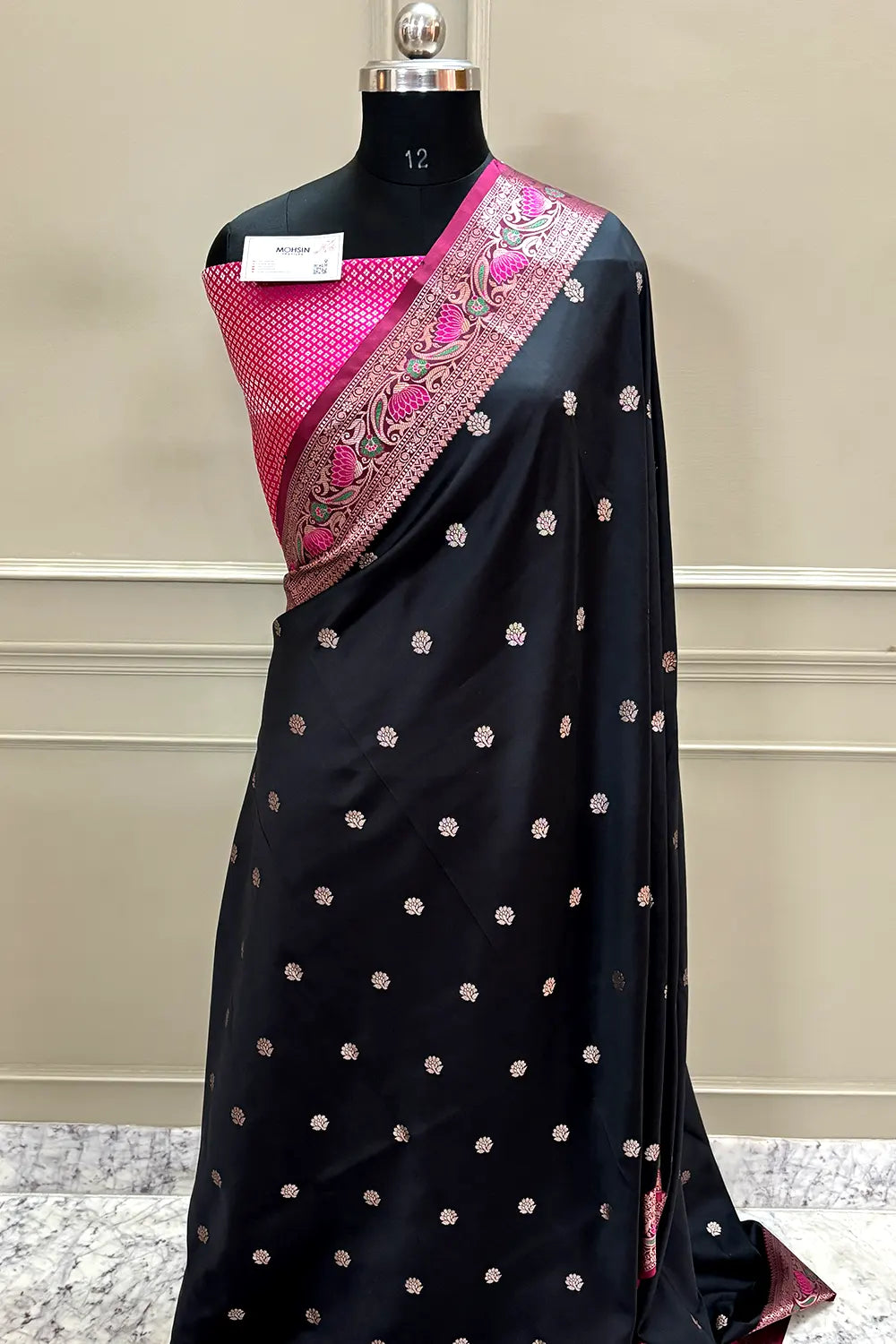 Black and Pink Buti Banarasi Silk Saree