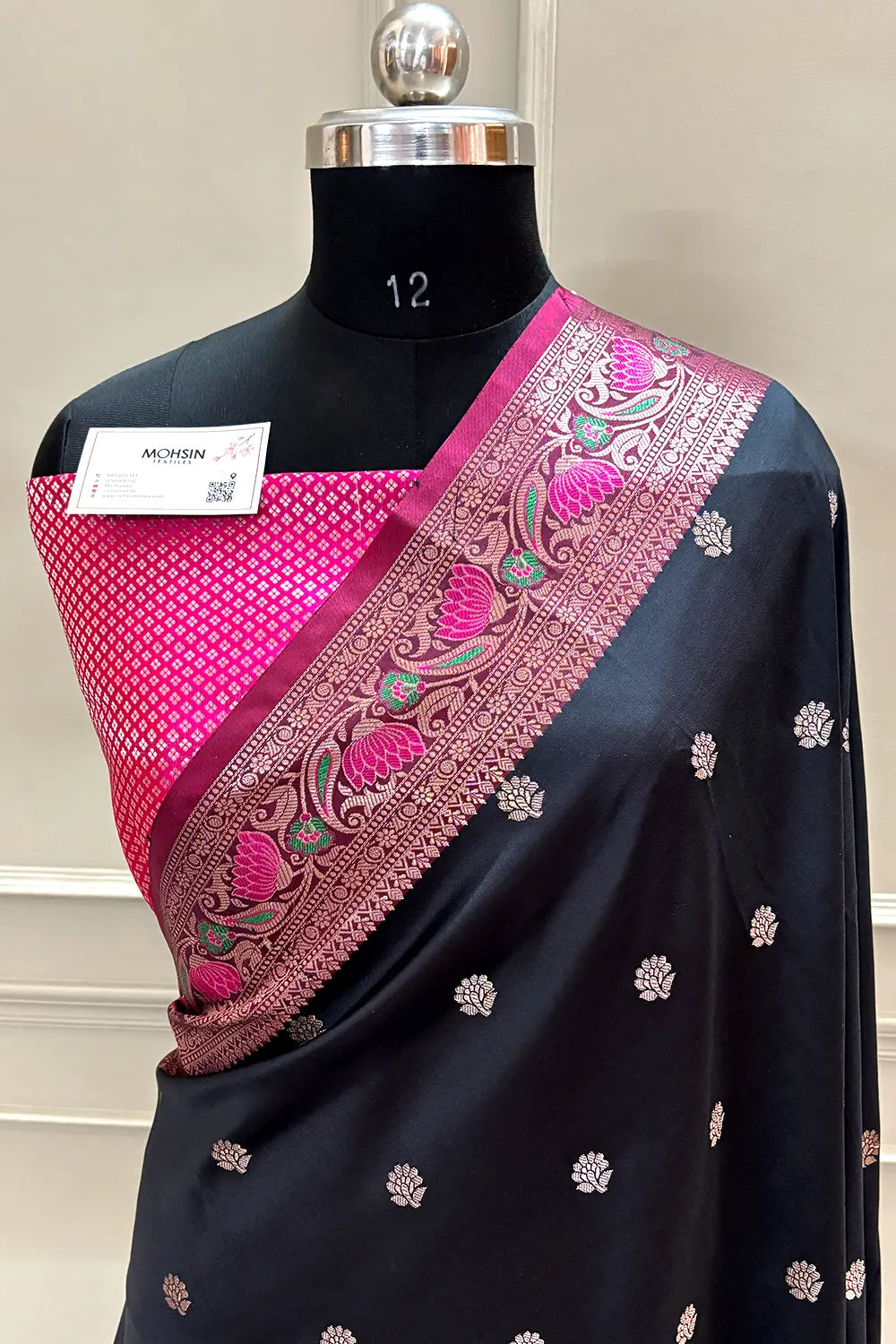 Black and Pink Buti Banarasi Silk Saree