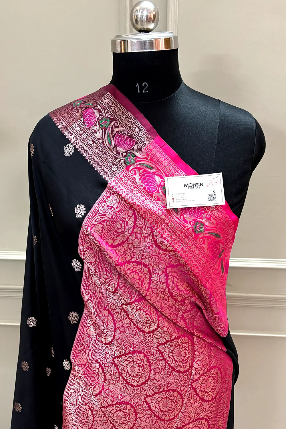 Black and Pink Buti Banarasi Silk Saree