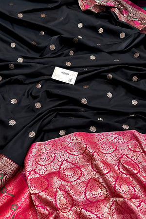 Black and Pink Buti Banarasi Silk Saree