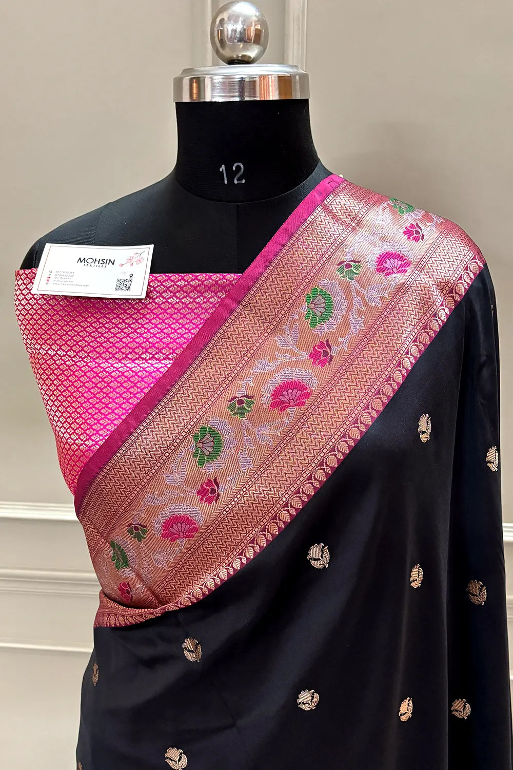 Black and Pink Buti Banarasi Silk Saree