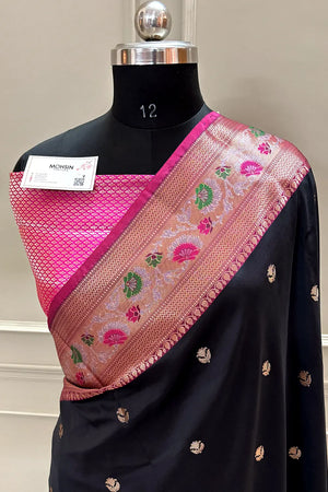 Black and Pink Buti Banarasi Silk Saree