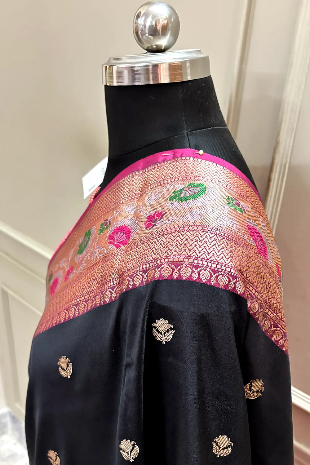 Black and Pink Buti Banarasi Silk Saree