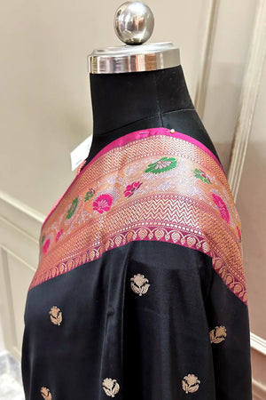 Black and Pink Buti Banarasi Silk Saree